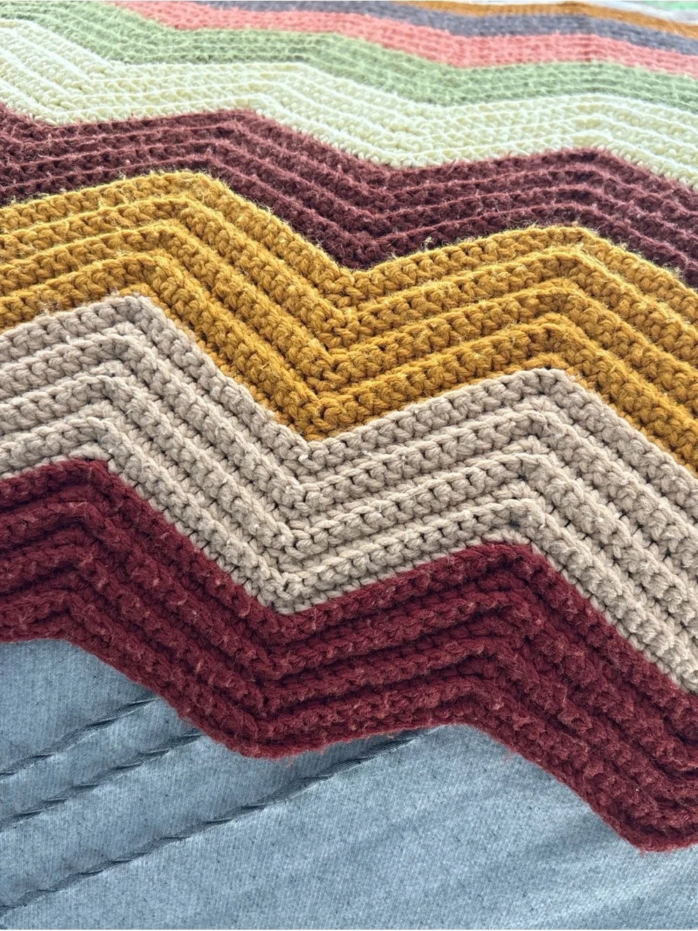 Vintage Handmade Chevron Afghan Blanket | 1970s Earth Tone Crochet Throw | Retro